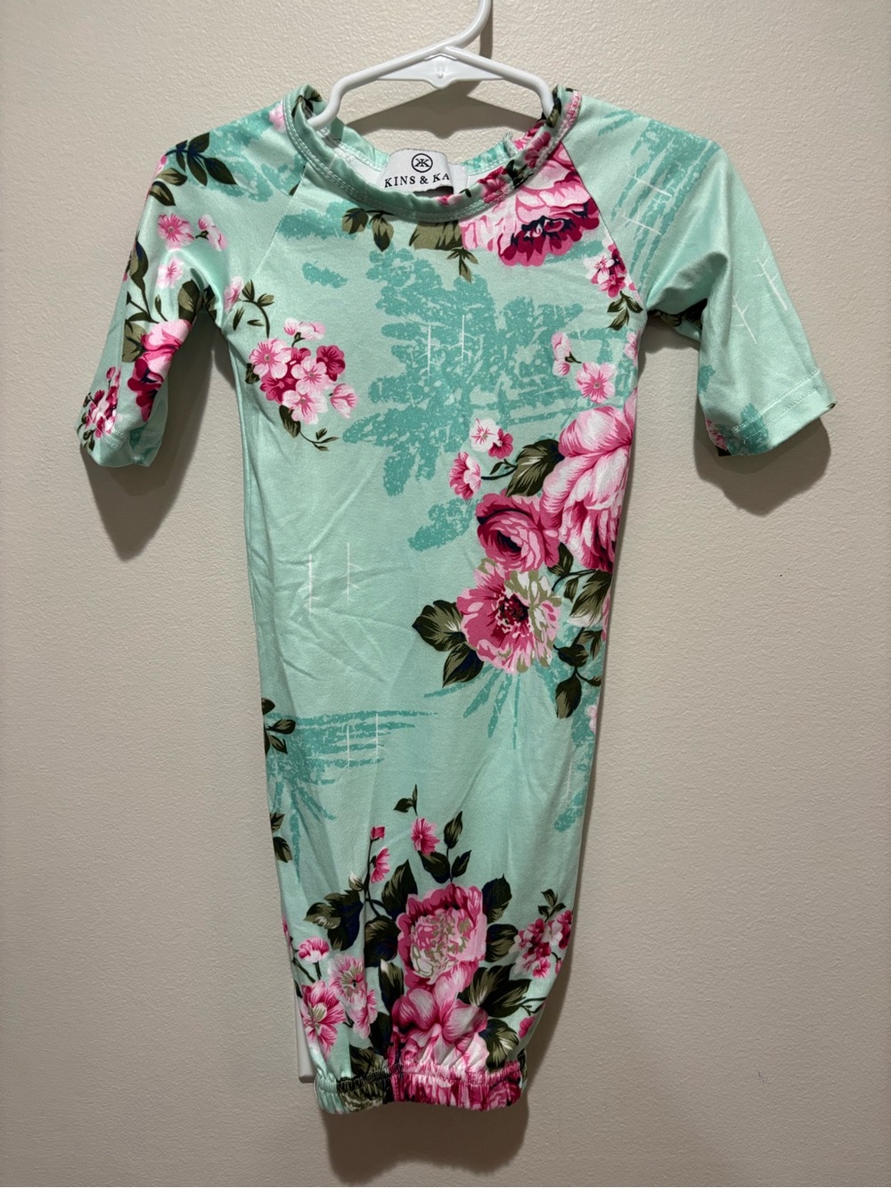 Kins & Kay Floral Baby Gown Mint Green Pink Infant Sleep Gown Newborn 0-3 Months